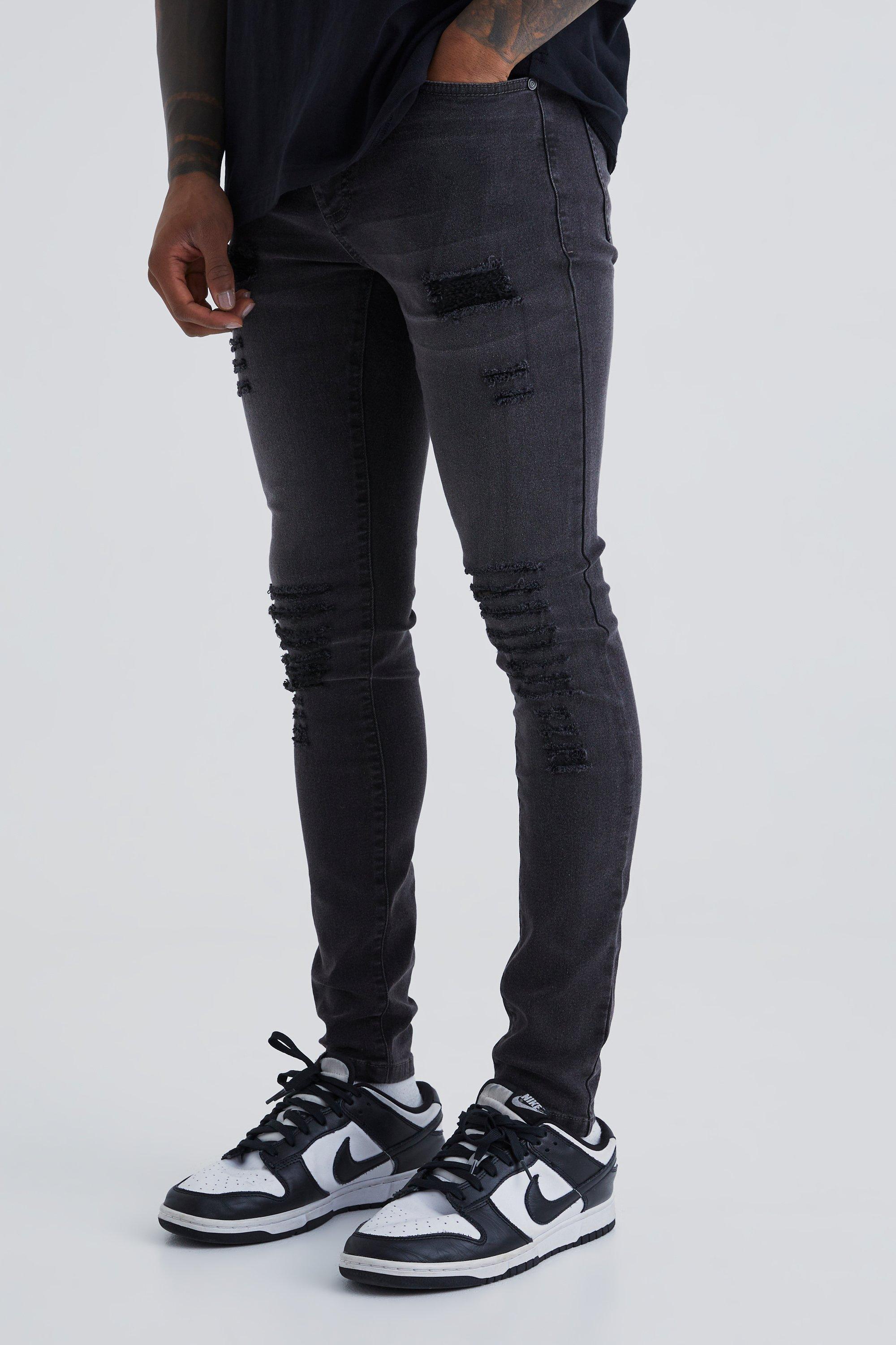 Mens Grey Super Skinny Jeans With All Over Rips, Grey Product Image