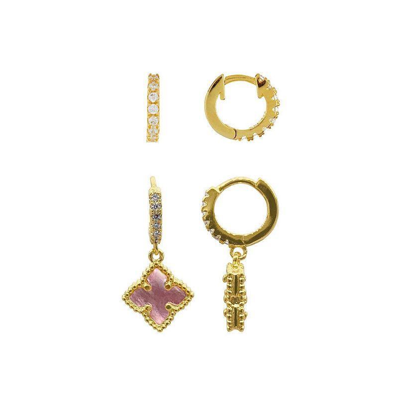 Adornia 14k Gold Plated Cubic Zirconia Pink Mother-of-Pearl Huggie Hoop Earring Duo Set, Womens Product Image