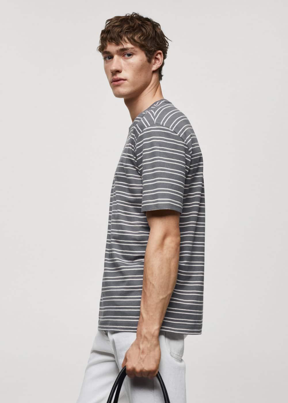 MANGO MAN - Striped cotton linen-blend T-shirt petrol blueMen Product Image