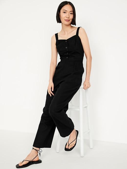 Button-Front Linen-Blend Cami Jumpsuit Product Image