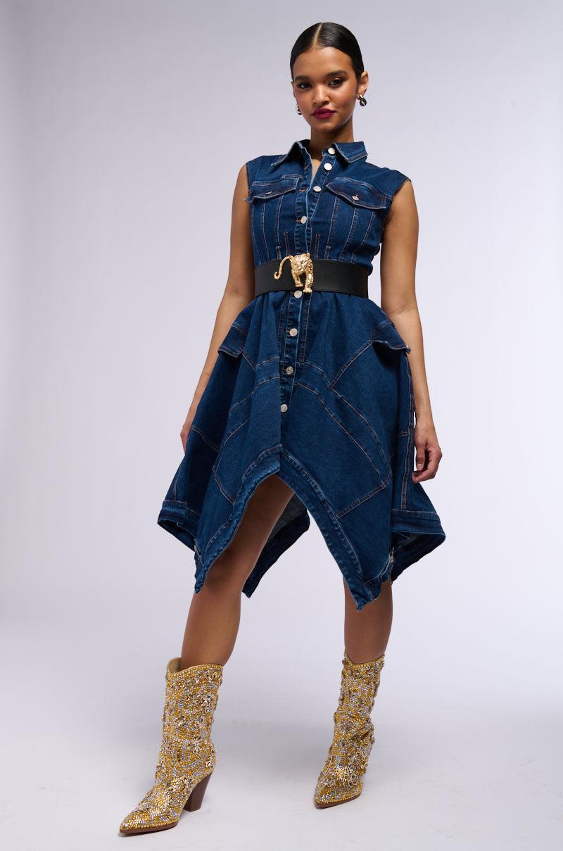 WINONA CAP SLEEVE BUTTON DOWN DENIM MIDI DRESS IN DARK BLUE Product Image