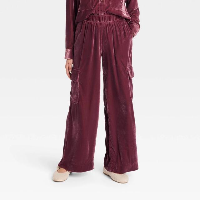 Womens Mid-Rise Wide Leg Velvet Cargo Pants - Universal Thread Maroon M Product Image