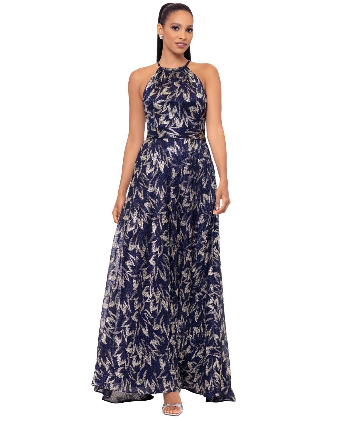 Betsy & Adam Womens Metallic Print Sleeveless Halter Gown - Navy Product Image