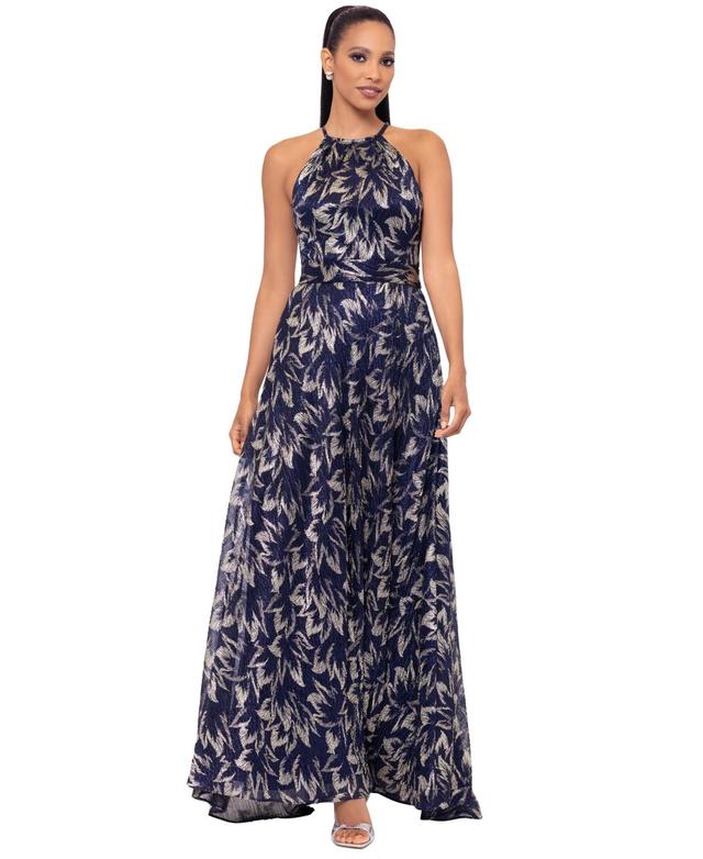 Betsy & Adam Womens Metallic Print Sleeveless Halter Gown - Navy Product Image