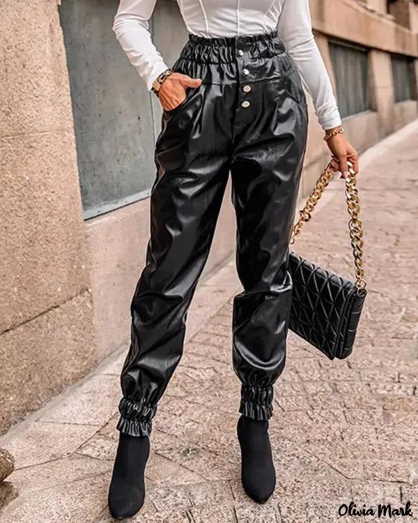 Olivia Mark – PU Leather High Waist Pants with Gathering Product Image