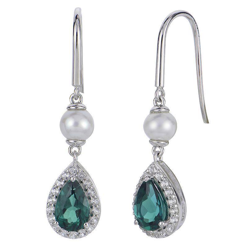 PearLustre by Imperial Sterling Silver Freshwater Cultured Pearl White Topaz & Lab-Created Emerald Drop Earrings, Womens Product Image