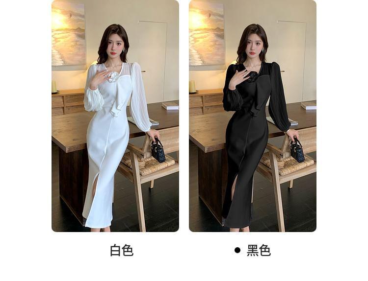 Long-Sleeve V-Neck Plain Flower Accent Slit Midi Sheath Dress Product Image