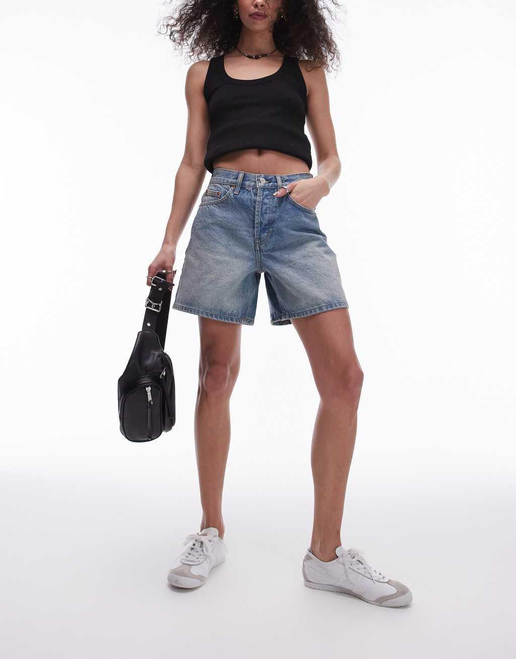 Topshop denim Editor shorts with tint in mid blue Product Image