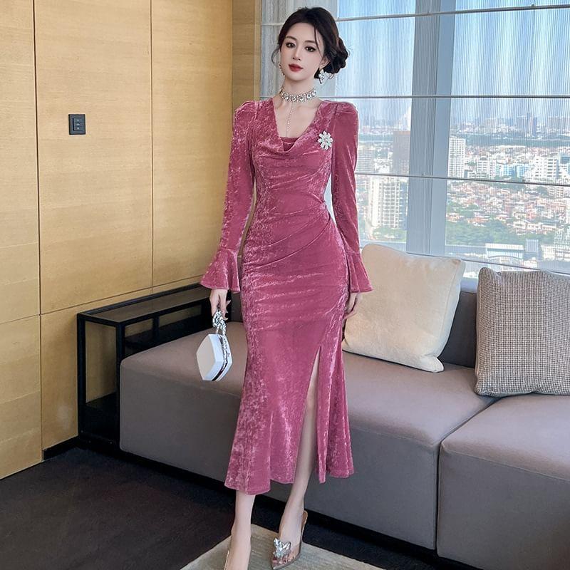 Long-Sleeve Cowl Neck Plain Velvet Slit Midi Sheath Dress Product Image