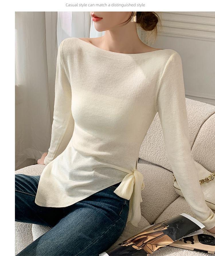 Long-Sleeve Boat Neck Plain Asymmetrical Tie Side Slim Fit Knit Top Product Image