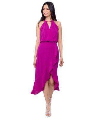 Xscape Womens Crepe Halter-Neck High-Low Midi Dress Product Image