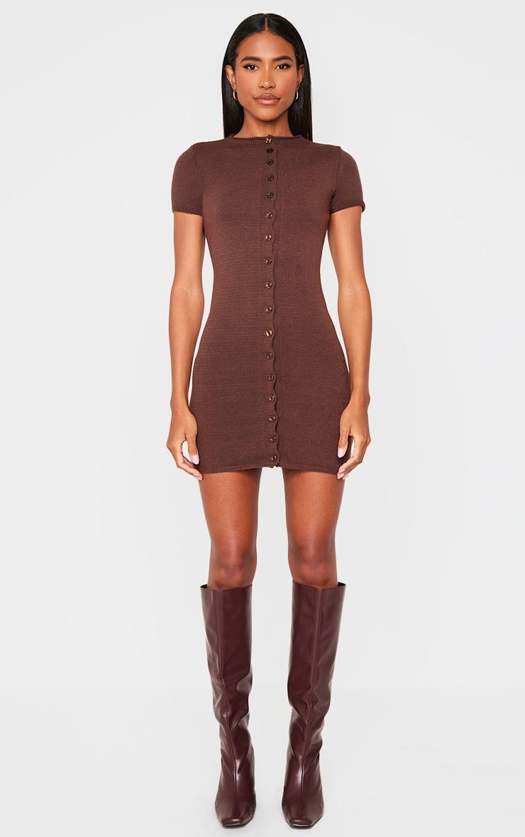 Chocolate Soft Knit Button Through Mini Dress product image