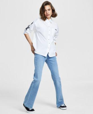 Dkny Jeans Womens Cotton Embroidered Logo Shirt Boerum High Rise Flare Leg Jeans Product Image