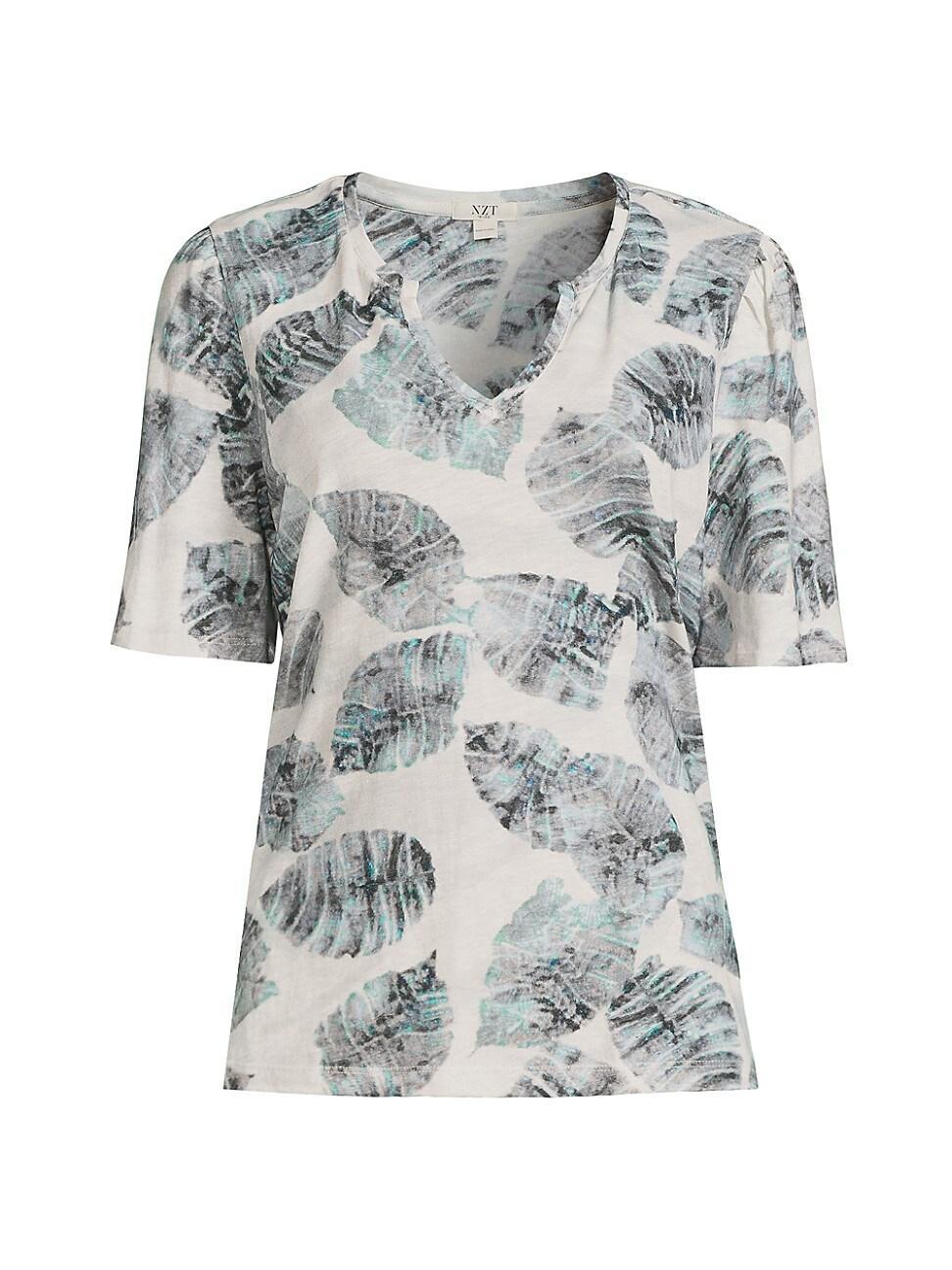 NIC+ZOE Falling Palms Short Sleeve Split Neck Tee (Grey Multi) Women's Clothing Product Image