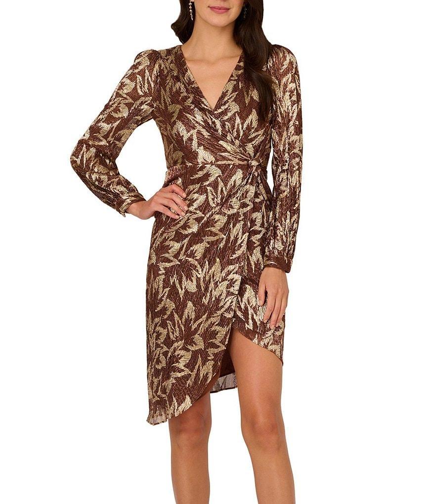 Adrianna Papell V-Neck Palm Leaf Metallic Crinkle Knit Faux Wrap Dress Product Image