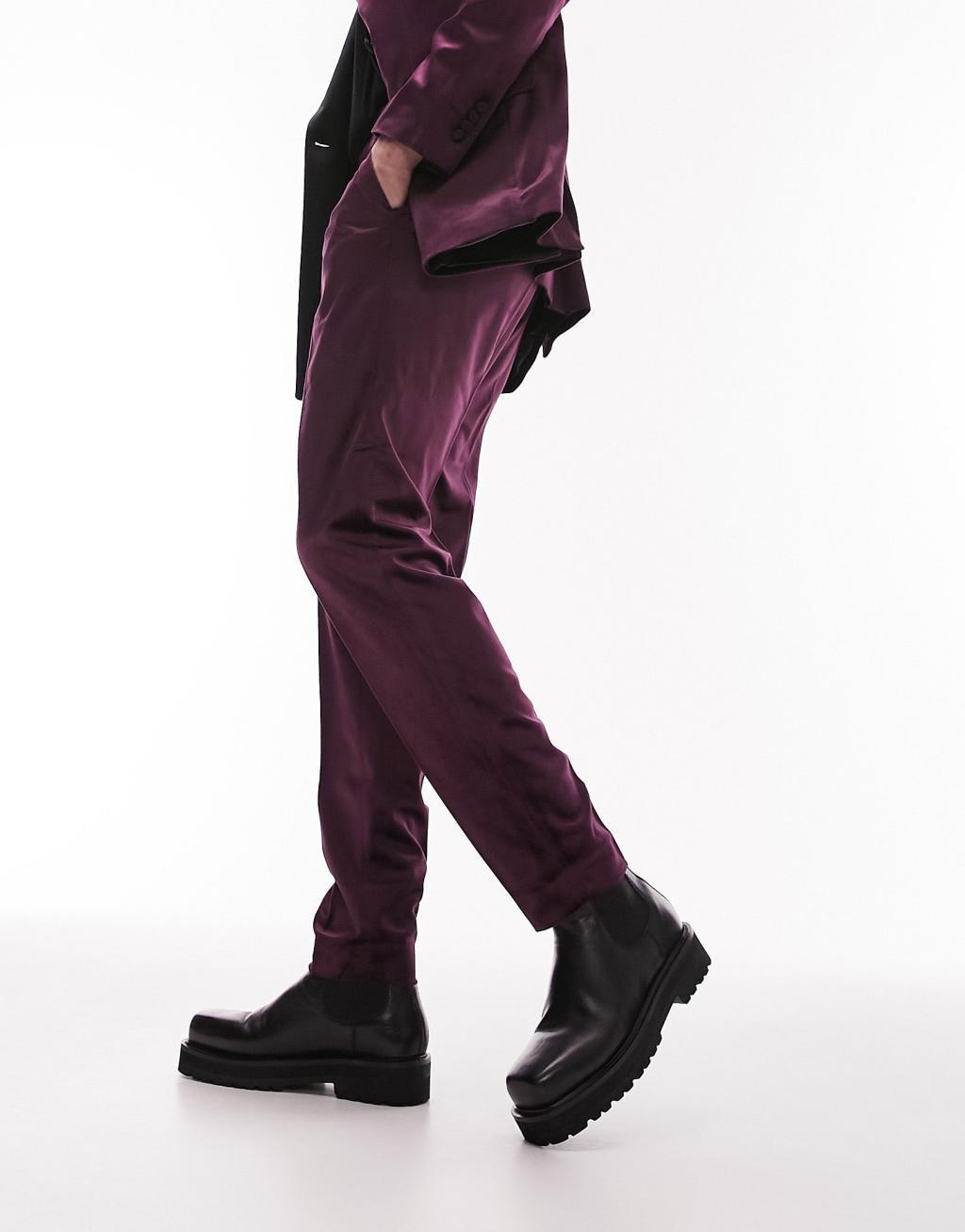 Topman tapered velvet suit pants in purple Product Image