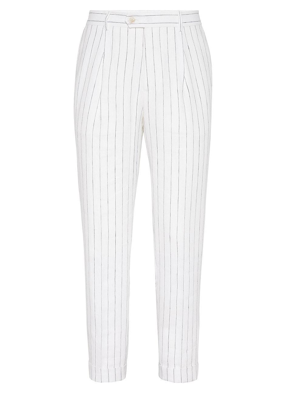 Mens Linen Stripe Leisure Fit Trousers With Pleat Product Image