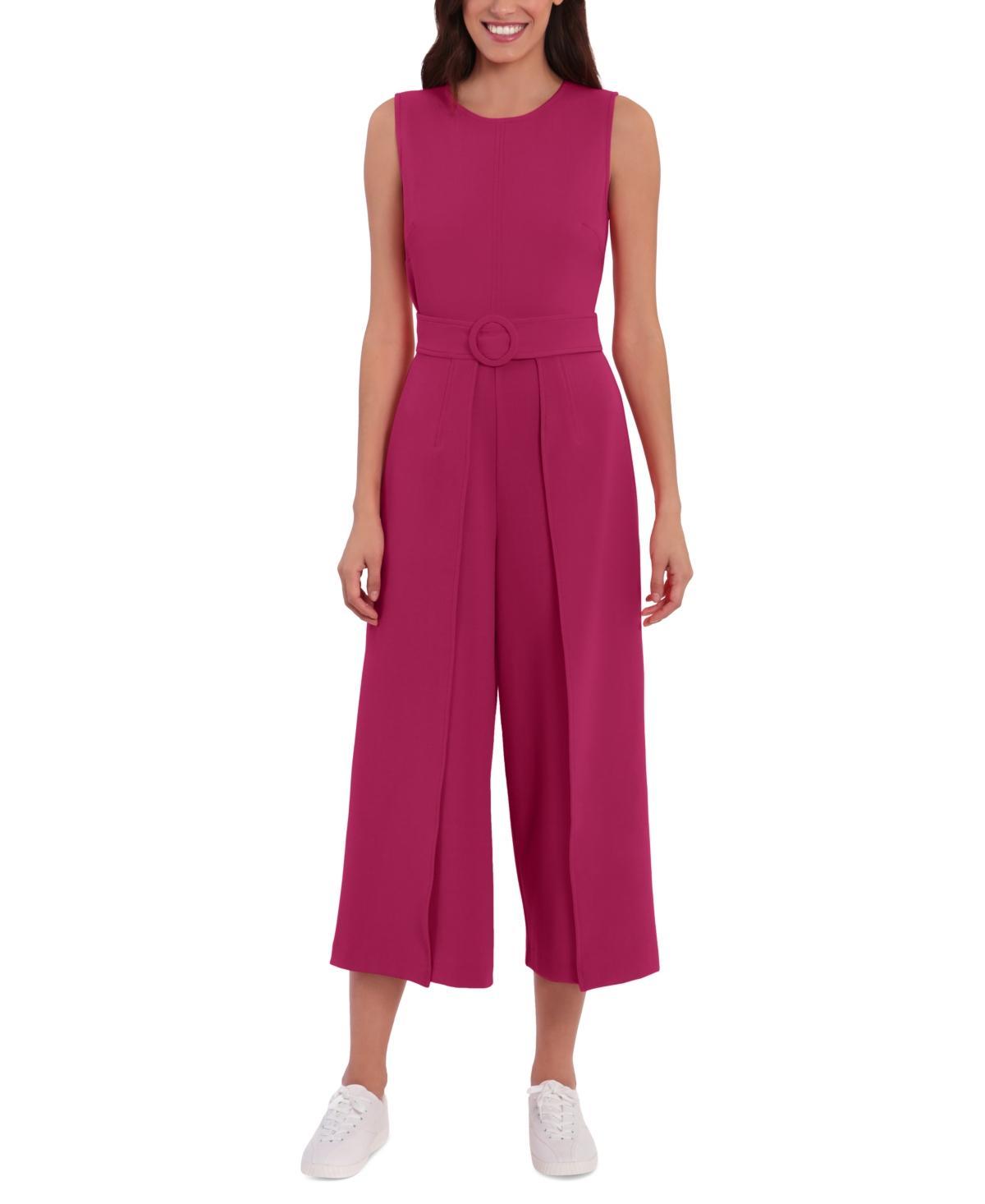 London Times Womens Jewel Neck Belted Cropped Jumpsuit Product Image