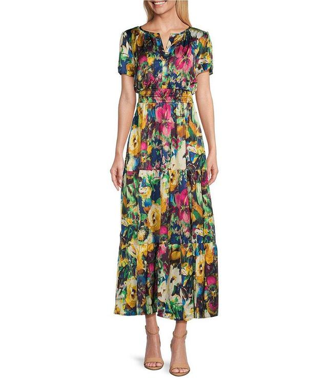 Leslie Fay Short Sleeve Split V-Neck Floral Maxi Dress Product Image