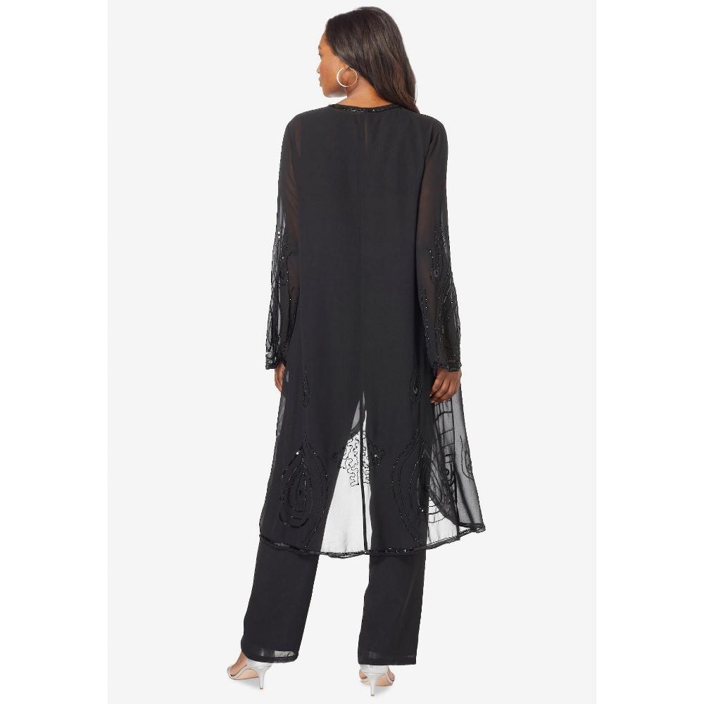 Roaman's Women's Plus Size Three-Piece Beaded Pant Suit - 38 W, Black Product Image