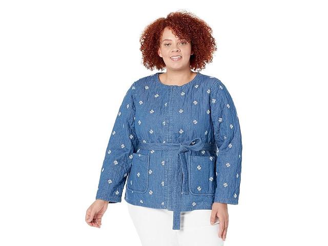 Draper James Plus Size Reversible Belted Jacket in Embroidered Chambray (Medium Wash) Women's Clothing Product Image