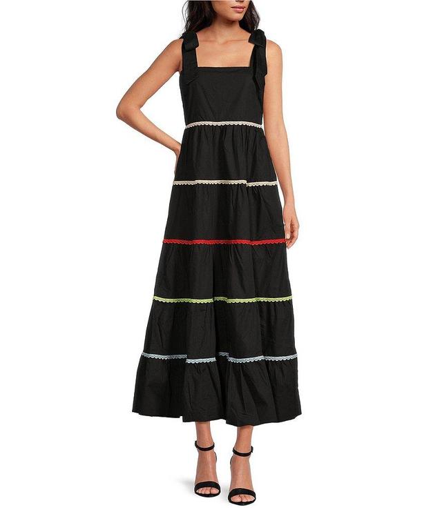 Sugarlips Stripe Square Neck Tie Strap Lace Trim Tiered Sleeveless Maxi Dress Product Image