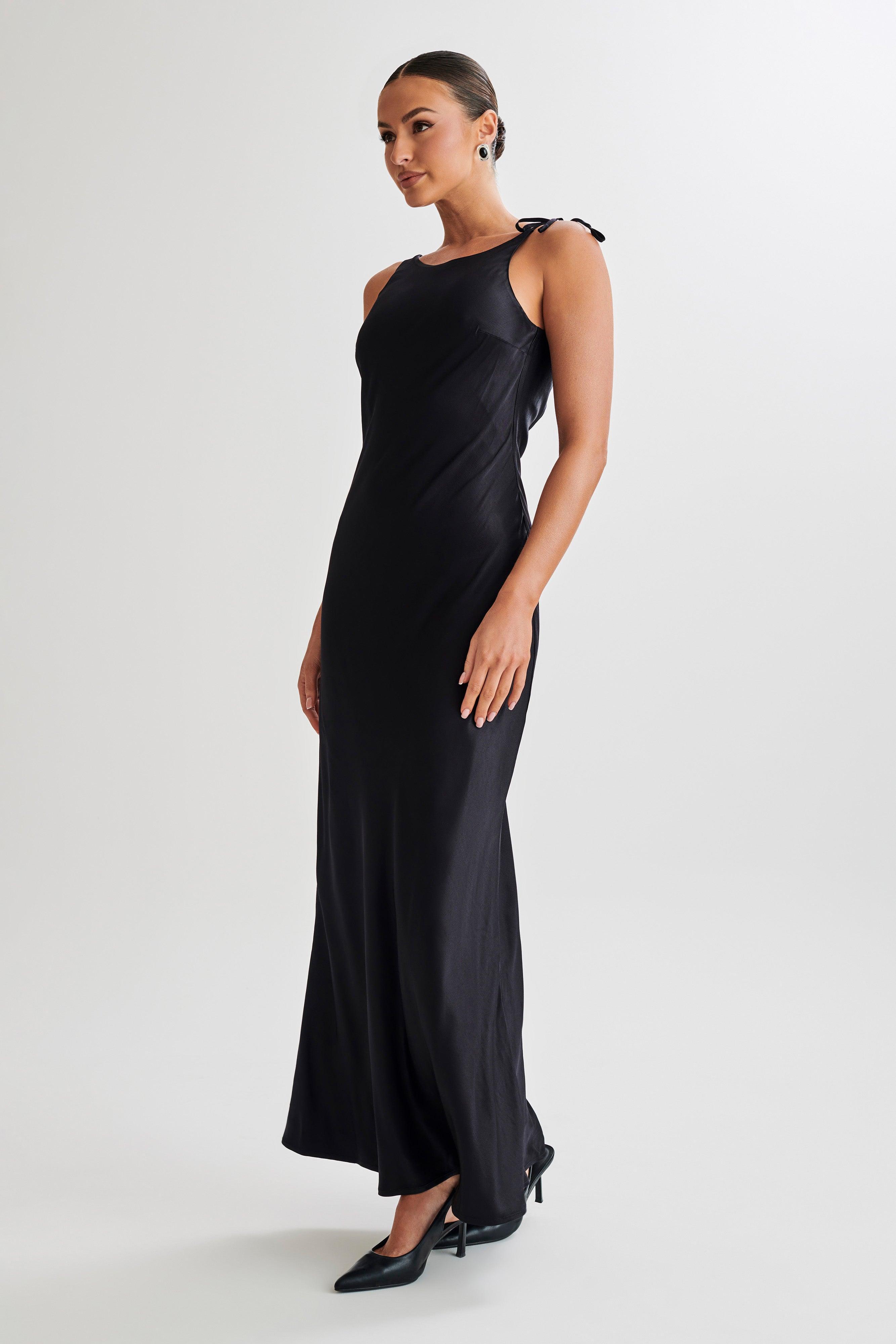 Annalise Satin Maxi Dress With Tie - Black Product Image