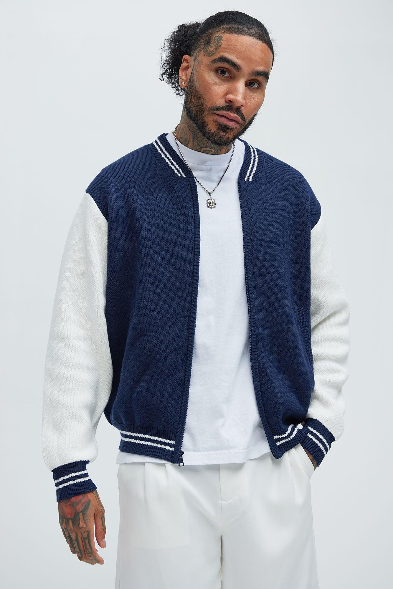 Caspian Knitted Varsity Jacket - Navy/combo Product Image