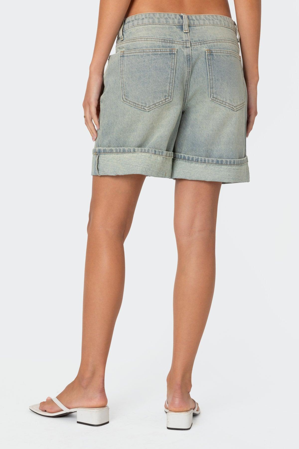 Cuffed Washed Denim Bermuda Shorts Product Image