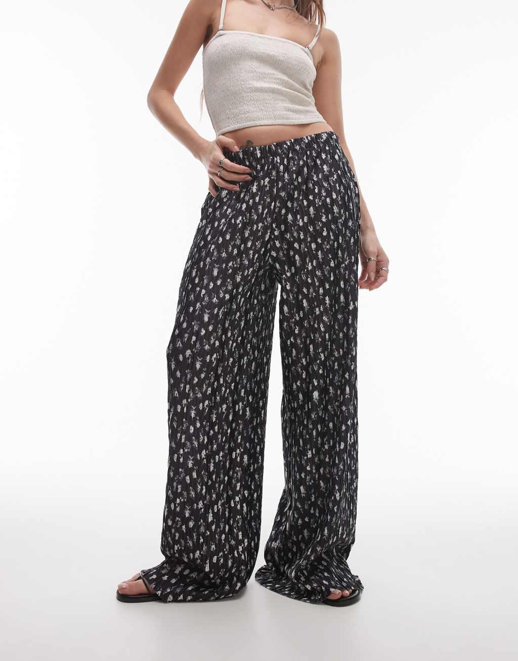 Topshop delicate floral crinkle plisse wide leg pants in black and white Product Image