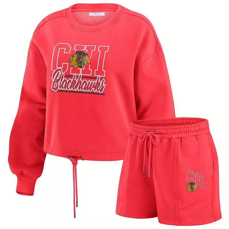 Womens WEAR by Erin Andrews Chicago Blackhawks Washed Fleece Sweatshirt & Shorts Lounge Set Product Image