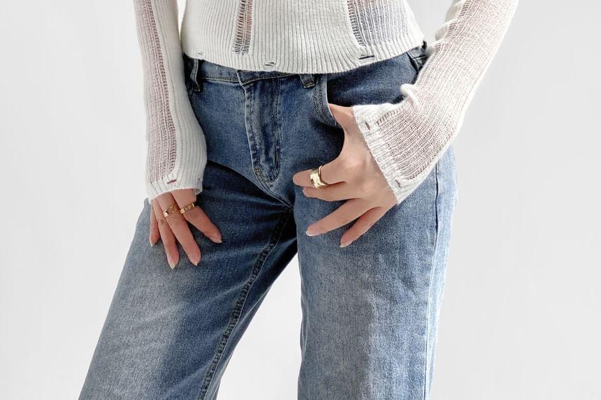 Long Sleeve Crew Neck Plain See-Through Knit Top Product Image