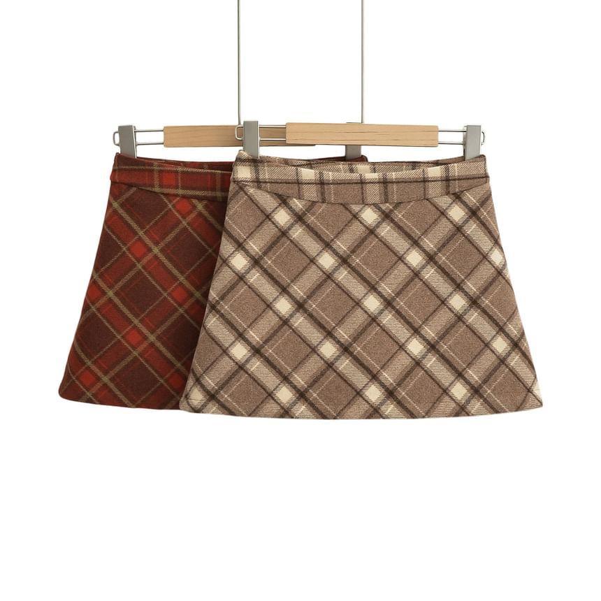 High Rise Plaid Mini A-Line Skirt Product Image