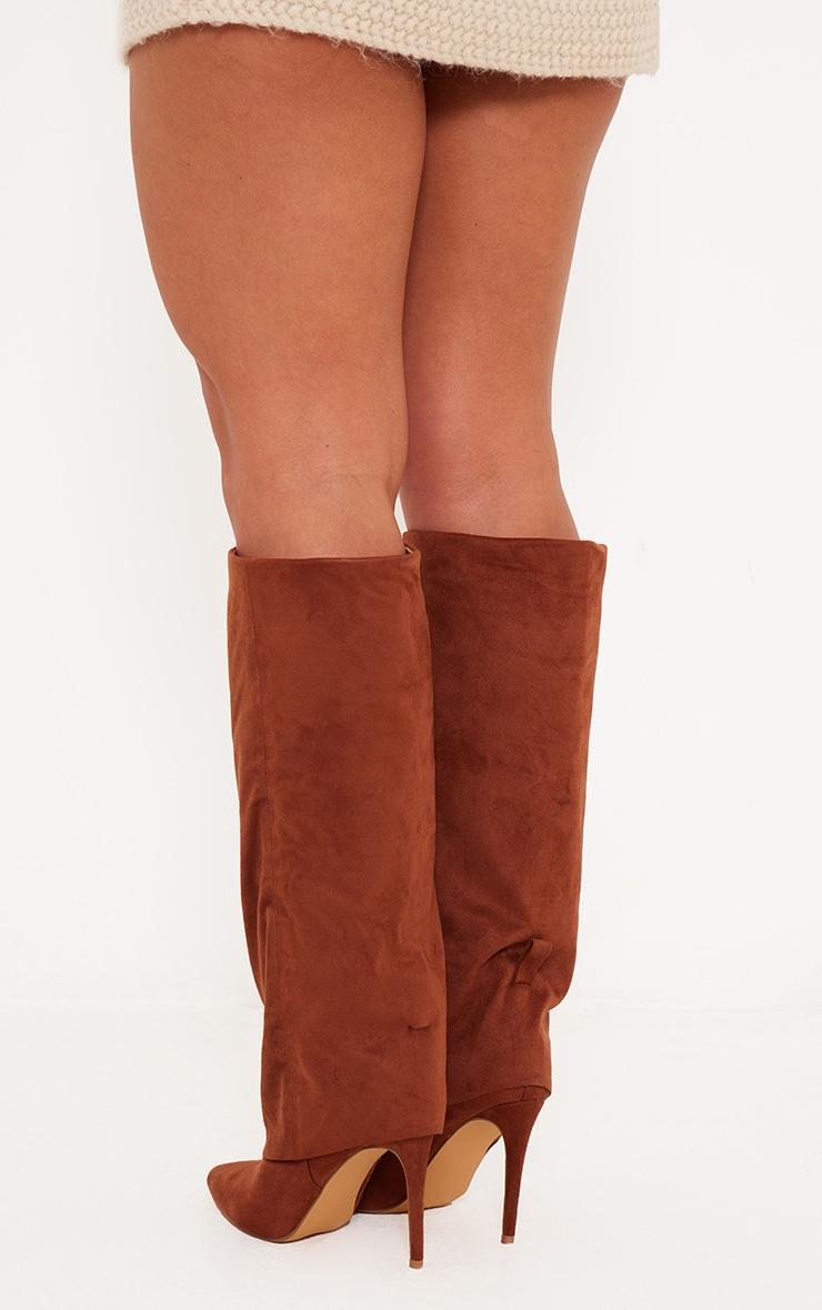 Brown Faux Suede Point Toe Fold Over High Heeled Calf High Boots Product Image