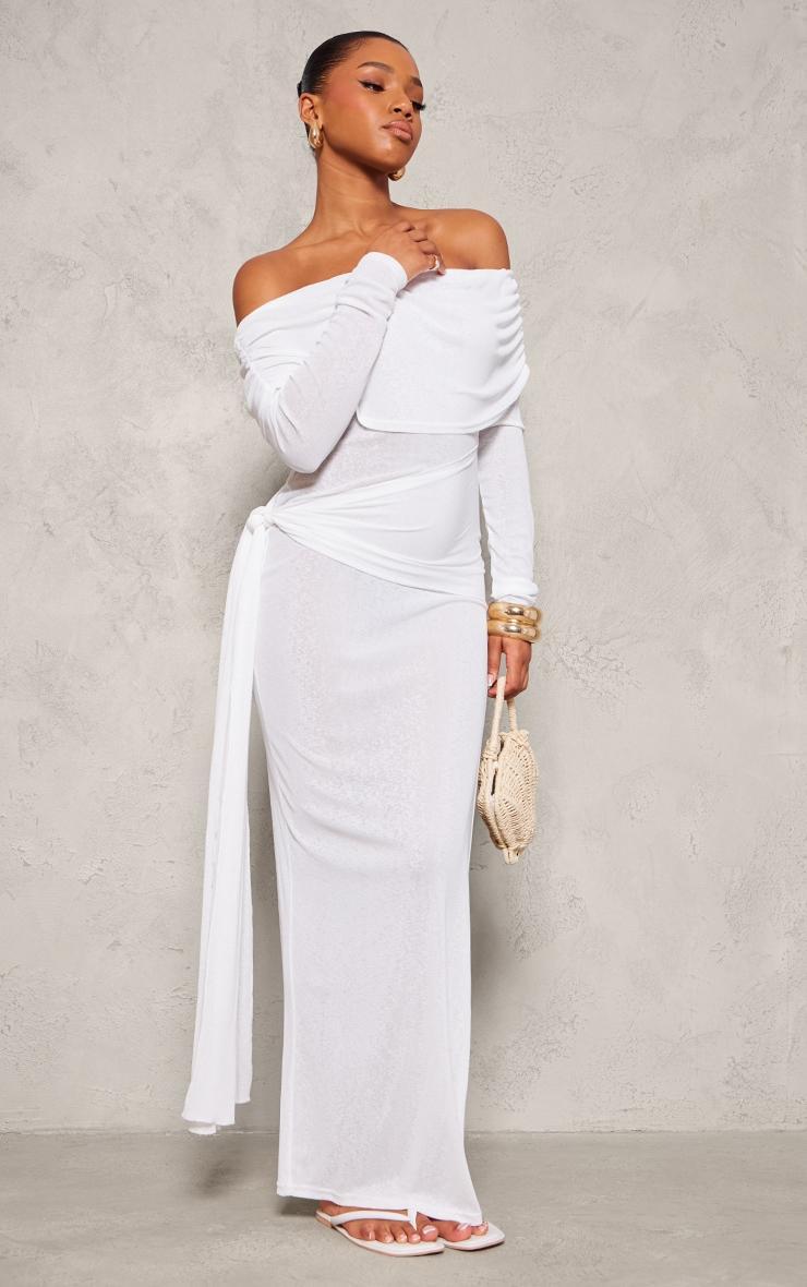 White Onion Skin Bardot Tie Waist Maxi Dress Product Image