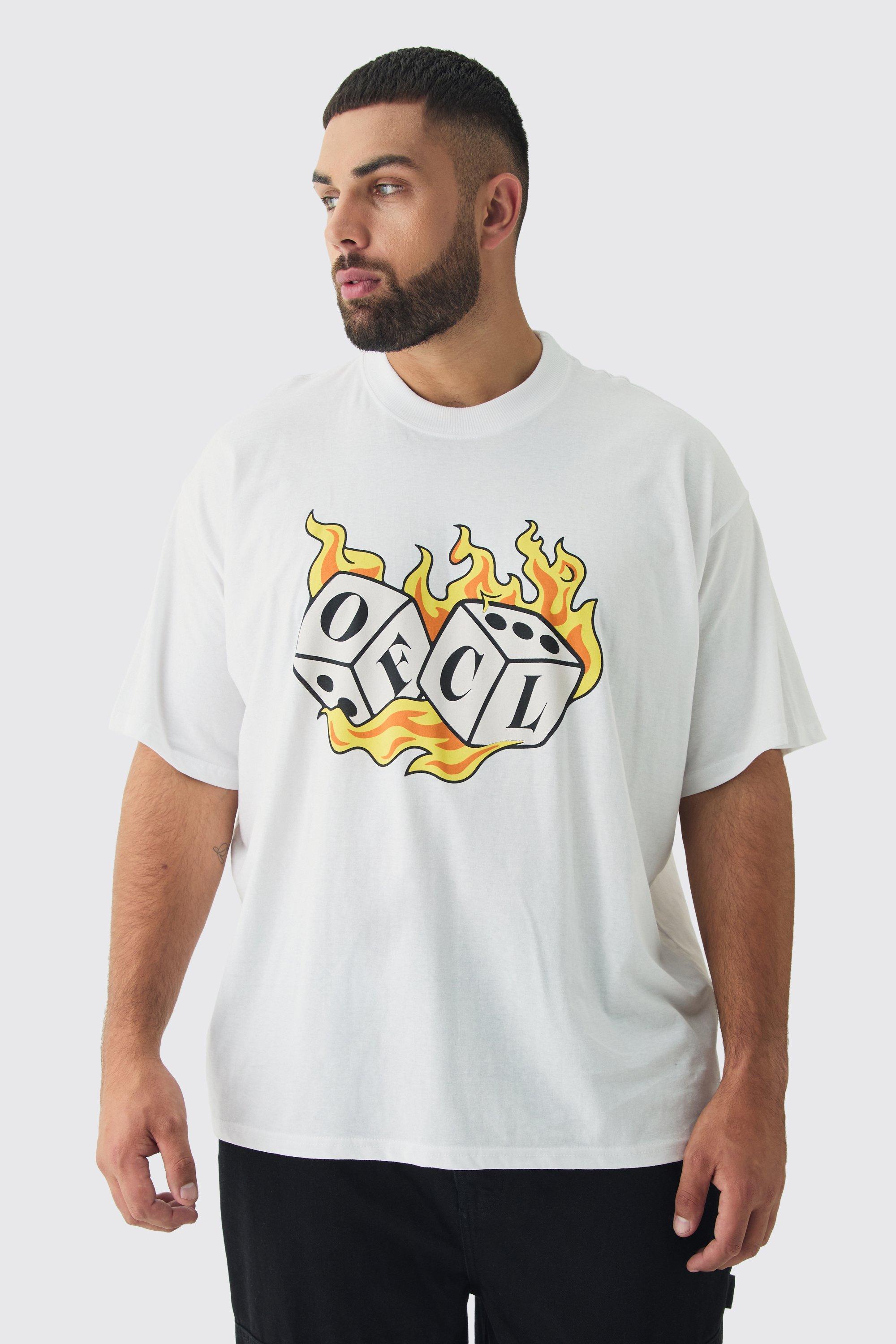 Mens White Plus OFCL Flame Dice Printed Extended Neck T-Shirt, White Product Image