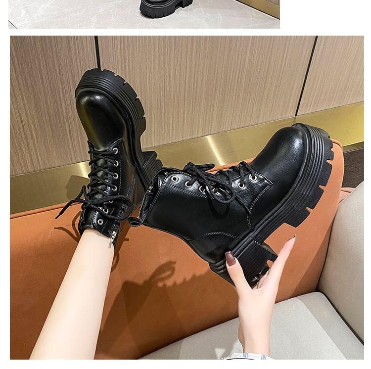 Faux Leather Platform Lace-Up Short Boots Product Image