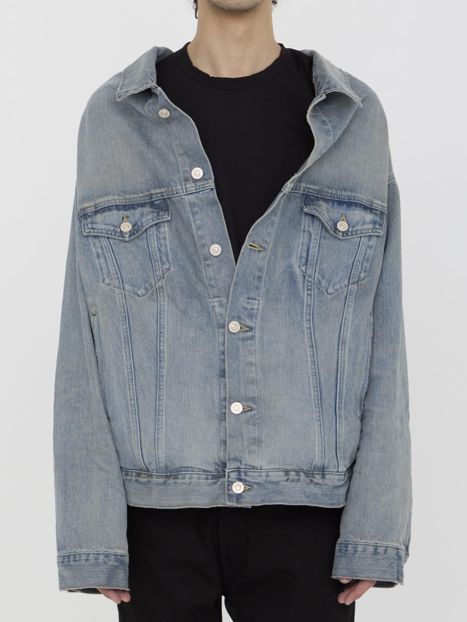 BALENCIAGA Off-shoulder Cotton Denim Jacket In Blue Product Image