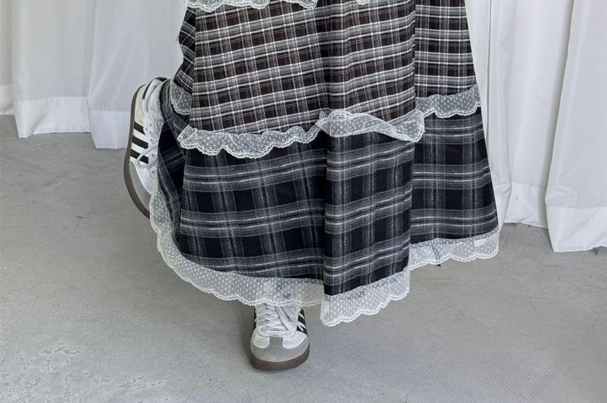 High Waist Plaid Maxi A-Line Tiered Skirt Product Image