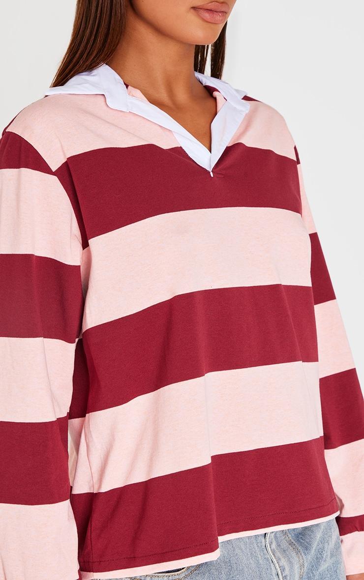 Burgundy Striped Collar Detail Long Sleeve T Shirt Product Image