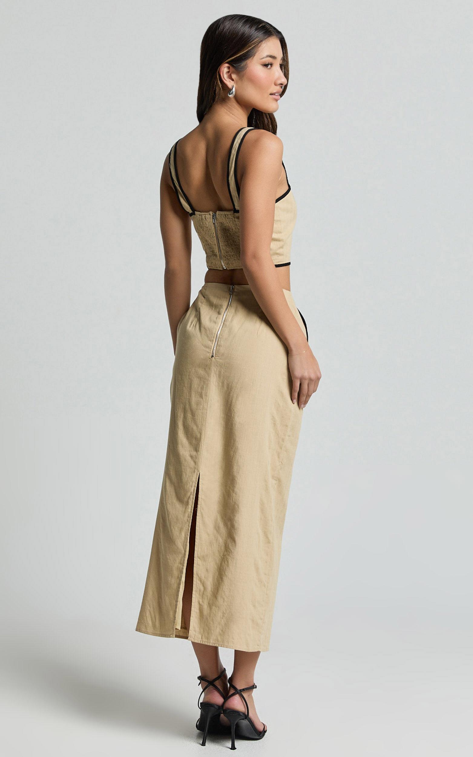 Rita Two Piece Set - Linen Look Contrast Crop Top and Pencil Midi Skirt Set in Sand/Black Product Image