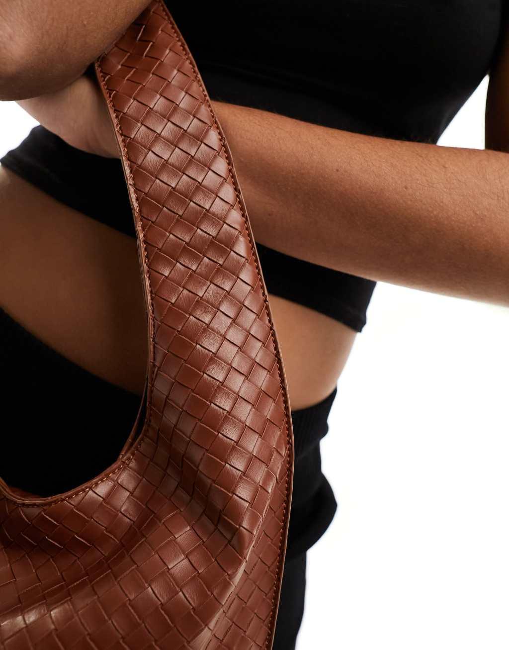 Glamorous woven shoulder tote bag in brown Product Image