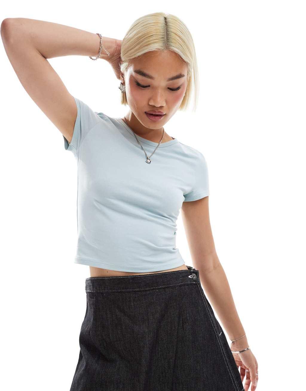 Monki ribbed shrunken t-shirt in light blue Product Image