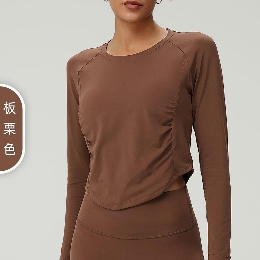 Long Sleeve Round Neck Plain Ruched Yoga T-Shirt Product Image