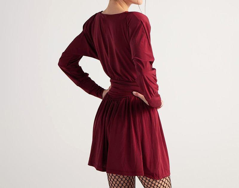 Long-Sleeve Crew Neck Plain Ruched Mini A-Line Dress Product Image