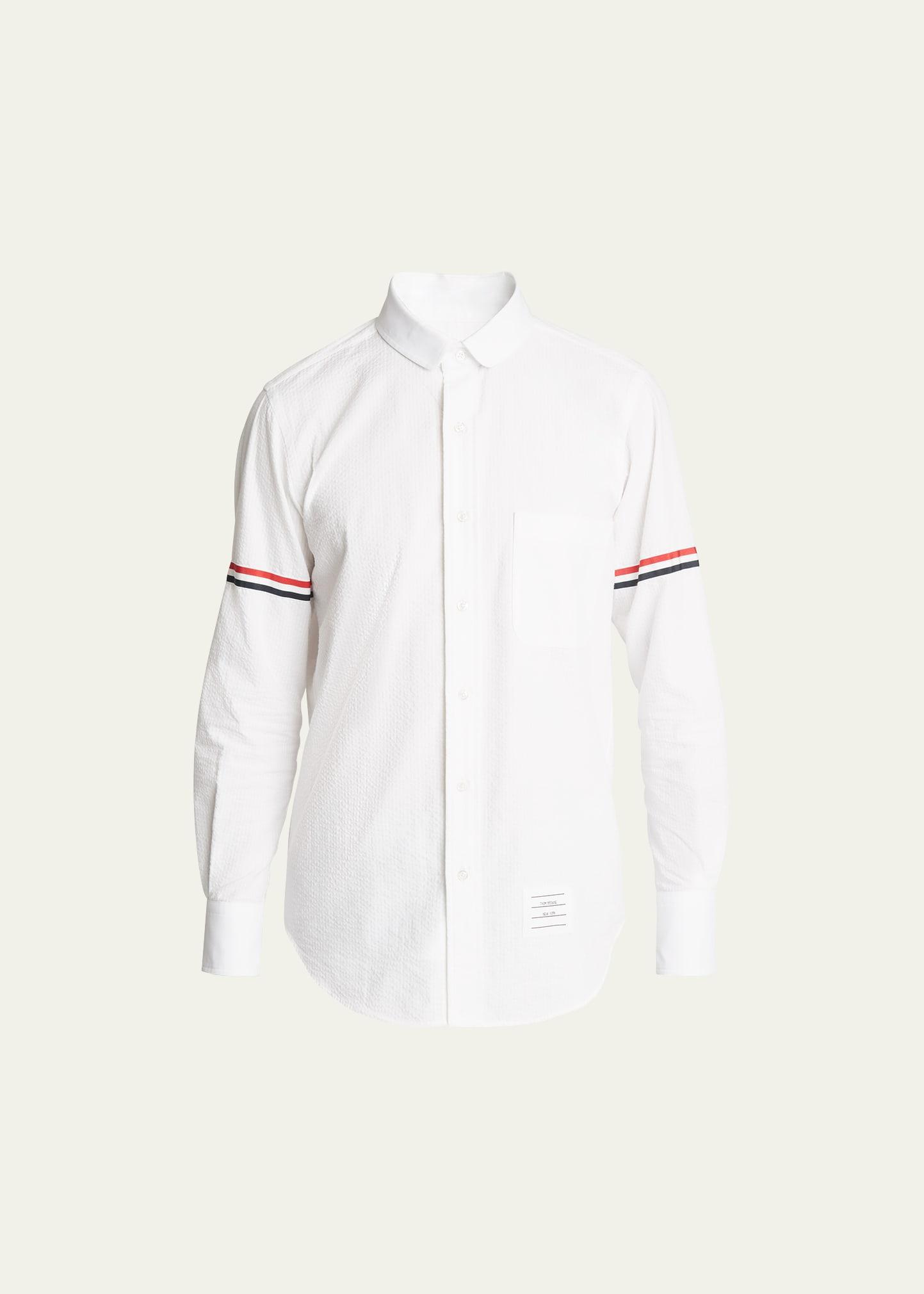 Thom Browne Straight Fit Stripe Trim Cotton Seersucker Button-Up Shirt Product Image