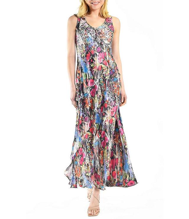 Komarov Chiffon Charmeuse Pleated V-Neck Sleeveless Maxi Dress Product Image