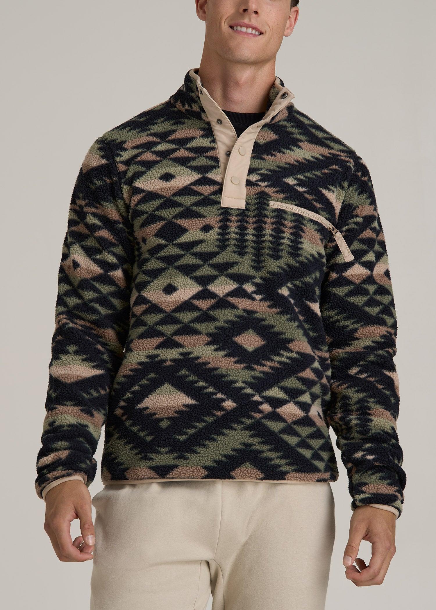 Half Snap Tall Men's Sherpa Sweatshirt in Black and Sage Geo Print Male Product Image