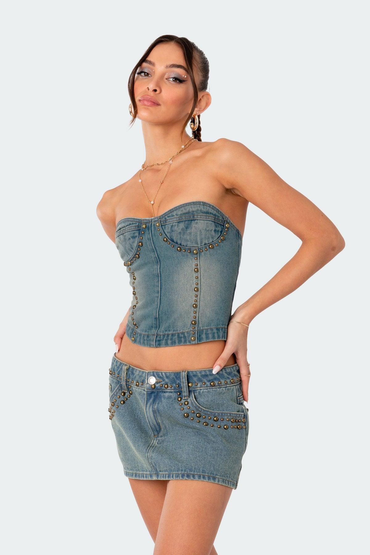 Studded Washed Denim Lace Up Corset Product Image