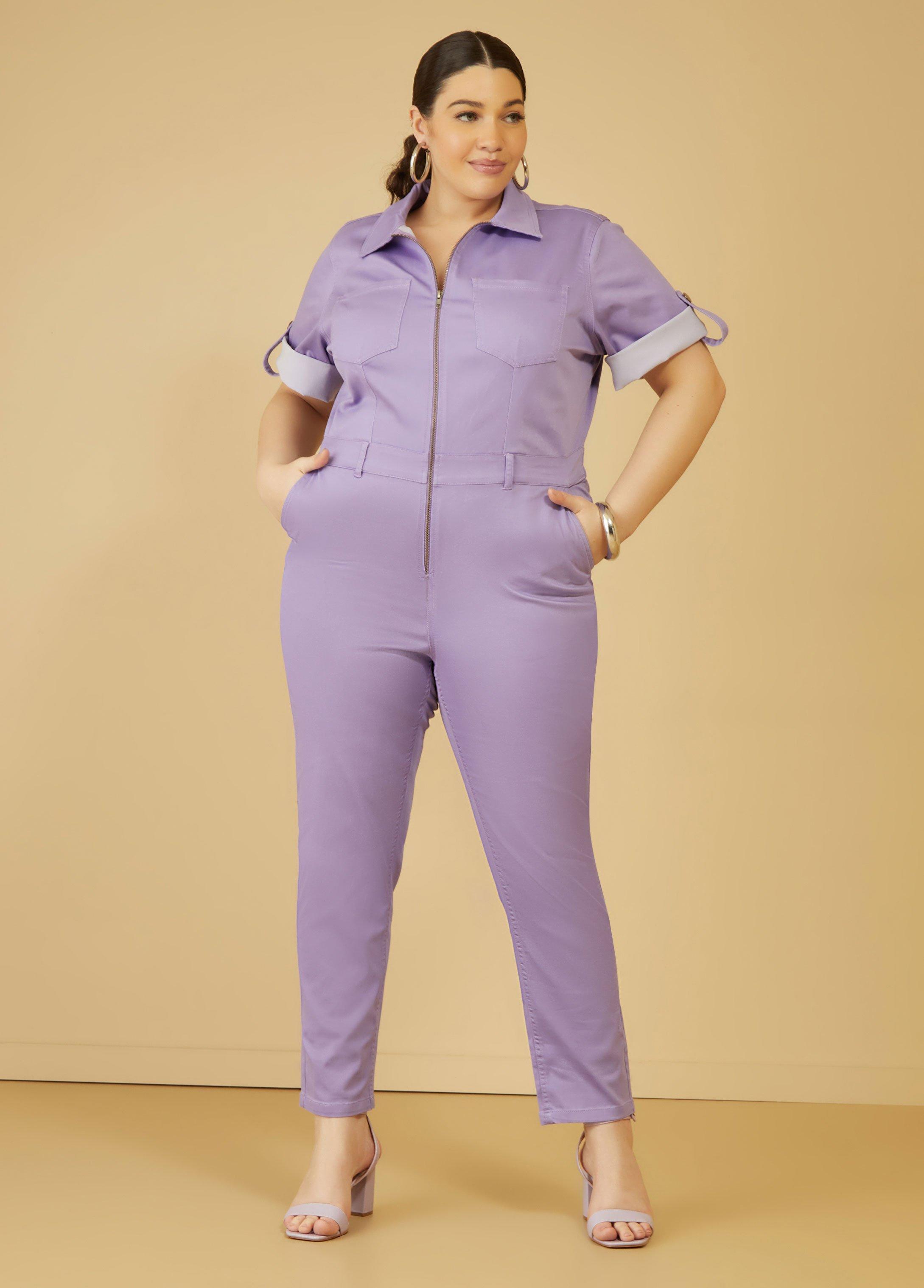 Plus Size Cuffed Stretch Denim Jumpsuit Ashley Stewart Product Image